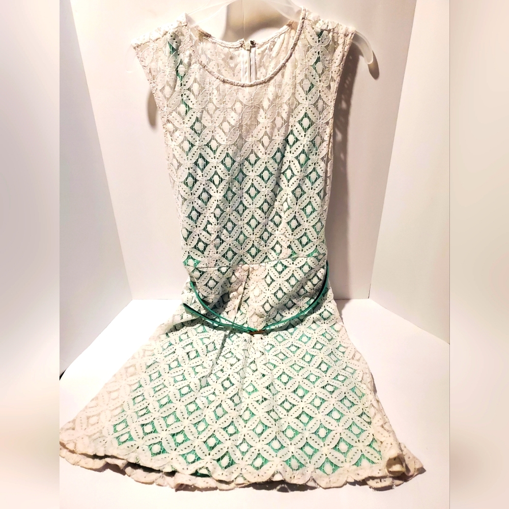 Dressbarn Lace Overlay Belted Dress Size 10 Mint Green & White